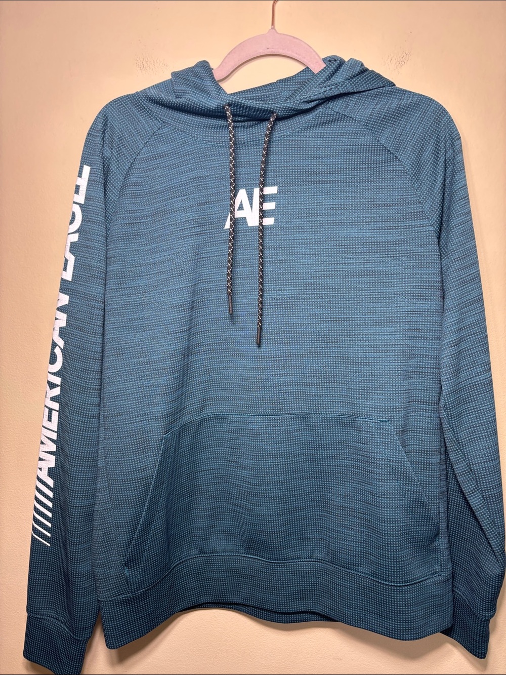 American Eagle Outfitters Men's Teal Blue Hooded Pullover with Sleeve Logo